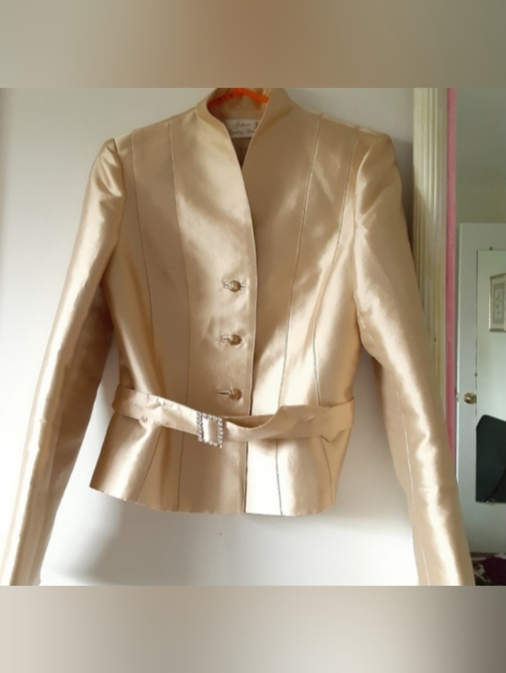 Elegant Golden Satin Belted Women's Jacket
